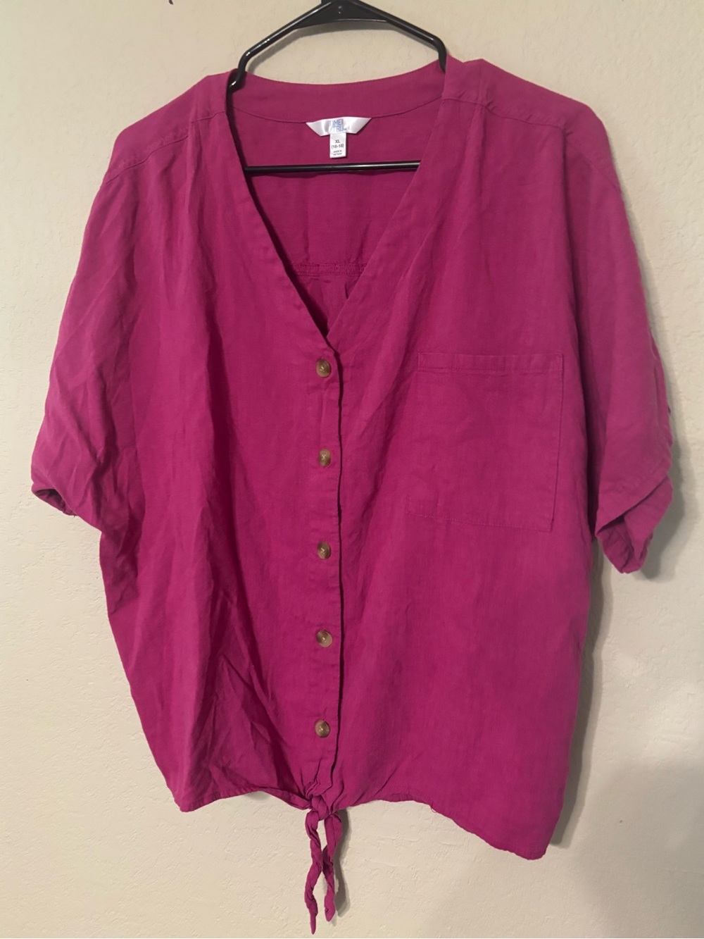 Fuchsia Button-Front Tie-Hem Top